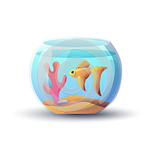 Illustration of a home round aquarium with a goldfish and a coral inside.