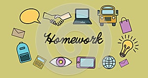 Illustration of homework text with laptop, bus, bulb, eye, handshake, bag, thought bubble, envelope