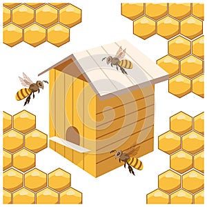 Illustration, honey and beekeeping. Wooden beehive and bees on the background of honeycombs. Golden brown colors.