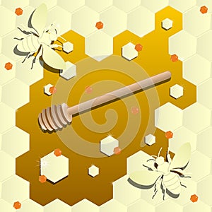 Illustration with honey dipper, honeycomb and bees. Vector illustration