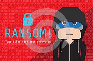 Illustration of hoodie people on background data that encrypted by ransom ware