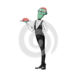 Illustration: The Horrible Brain Waiter Carrying a Brain on a Tray, on White Background.