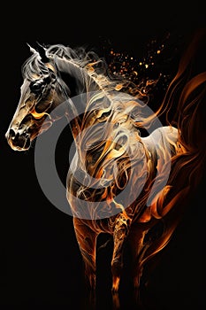 Illustration of a horse in black and yellow tones on a dark background