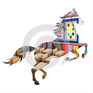 Illustration of a horse with a house and boxes on a white background