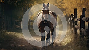 Illustration of a horse relaxing in the wild with other animals in the forest