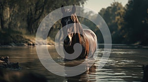 Illustration of a horse relaxing in the wild with other animals in the forest