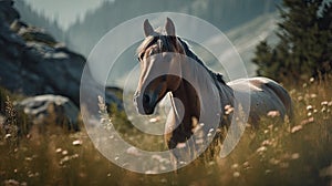 Illustration of a horse relaxing in the wild with other animals in the forest