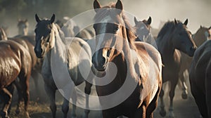 Illustration of a horse relaxing in the wild with other animals in the forest