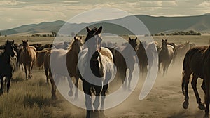 Illustration of a horse relaxing in the wild with other animals in the forest