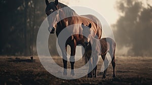 Illustration of a horse relaxing in the wild with other animals in the forest