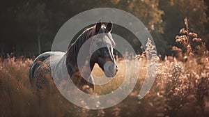 Illustration of a horse relaxing in the wild with other animals in the forest