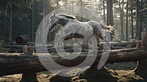 Illustration of a horse relaxing in the wild with other animals in the forest