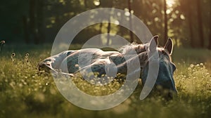 Illustration of a horse relaxing in the wild with other animals in the forest