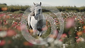 Illustration of a horse relaxing in the wild with other animals in the forest