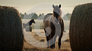 Illustration of a horse relaxing in the wild with other animals in the forest