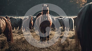 Illustration of a horse relaxing in the wild with other animals in the forest