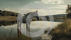 Illustration of a horse relaxing in the wild with other animals in the forest