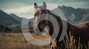 Illustration of a horse relaxing in the wild with other animals in the forest