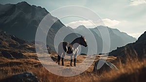 Illustration of a horse relaxing in the wild with other animals in the forest