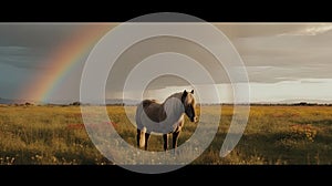 Illustration of a horse relaxing in the wild with other animals in the forest