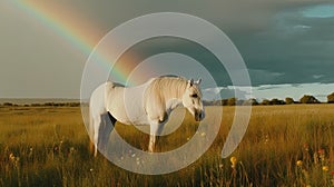 Illustration of a horse relaxing in the wild with other animals in the forest