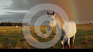 Illustration of a horse relaxing in the wild with other animals in the forest