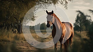 Illustration of a horse relaxing in the wild with other animals in the forest