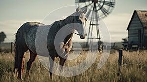 Illustration of a horse relaxing in the wild with other animals in the forest