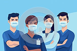 illustration of hospital medical team group made of doctors, nurses and surgeon in protective masks