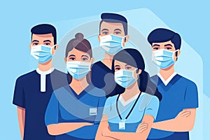 illustration of hospital medical team group made of doctors, nurses and surgeon in protective masks