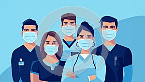 illustration of hospital medical team group made of doctors, nurses and surgeon in protective masks