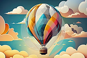 Illustration of a hot air balloon in the sky with clouds. Generative AI