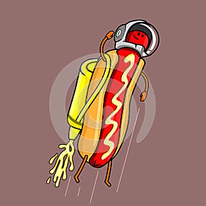 Illustration of hot dog Cartoon Astronaut Flying with rocket
