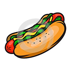 Illustration of hot dog in engraving style. Design element for poster, menu, sign