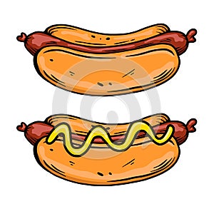 Illustration of hot dog with sausage. Fast food. Design element for poster, menu, banner, sign.