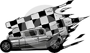 monochromatic illustration of hot rod car with race flag