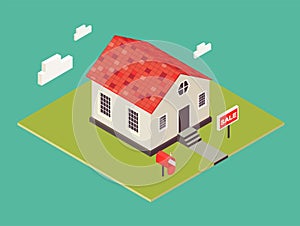 Illustration of house in 3d isometric style. Private house real estate icon for sale. American small cottage.