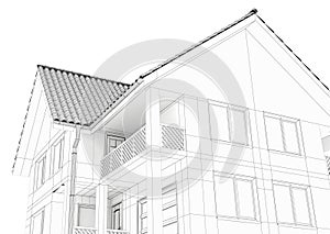 Illustration of a house. Black line drawing