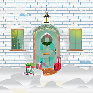 Illustration of a house entrance decorated with Christmas decorations.