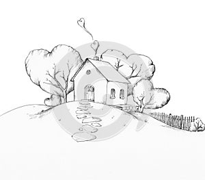Illustration of a house on a hill