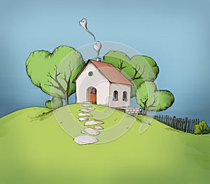 Illustration of a house on a hill