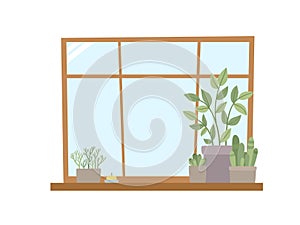 Illustration of house plants pots in window for home interior