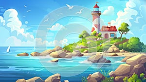 Illustration of house on rocky coast in ocean with lighthouse and building on harbor. Background of cartoon sea