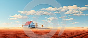 Illustration of a house standing alone in the middle of a field with the vast sky. It can convey many emotions and feelings such