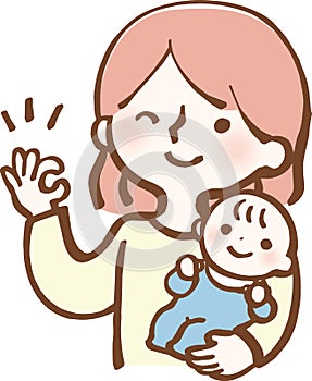 Illustration of housewife and baby signing OK