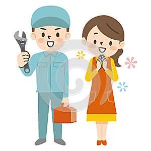 Illustration of a housewife who greets a male worker who came to repair with a smile