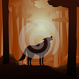 illustration of a howling wolf in the forest
