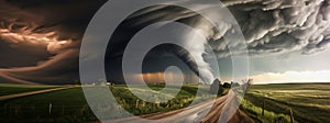 illustration of a huge tornado over rural landscape