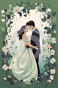 Illustration, hugging sa young couple around the decoration of green leaves flowers. Valentine\'s Day as a day symbol of affe photo
