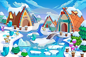 Illustration: The Human Being's Cottages in the Snow Land in the Great Ice Age! Cabin, Fence, Plant, Ice River.